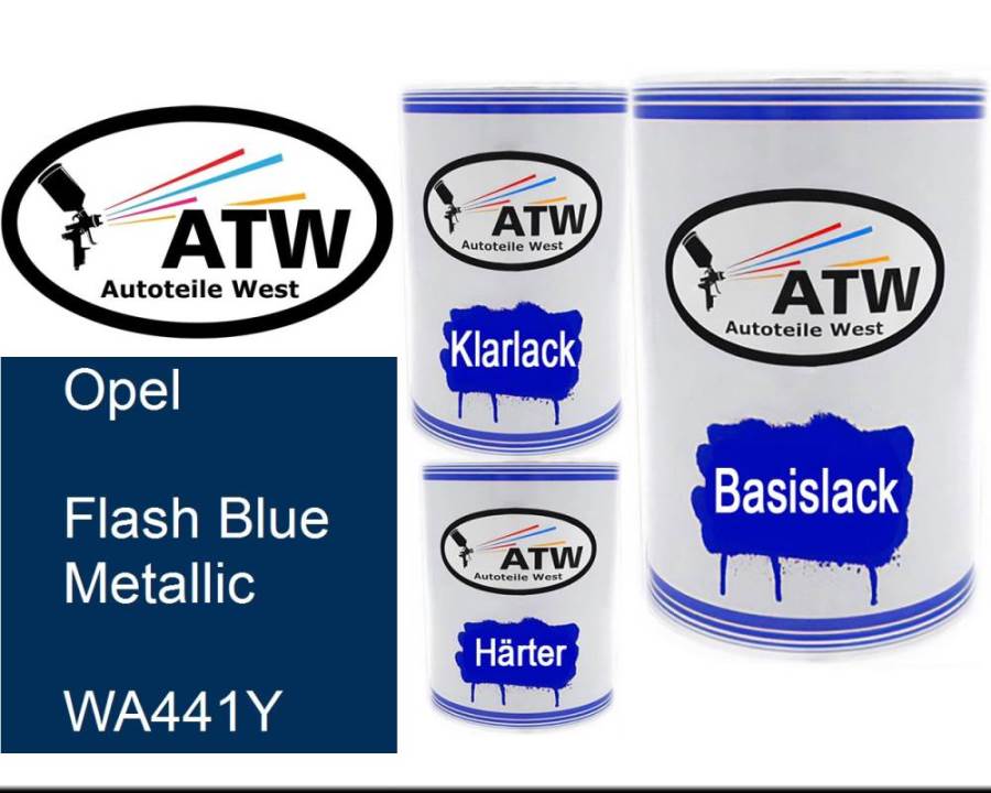 Opel, Flash Blue Metallic, WA441Y: 500ml Lackdose + 500ml Klarlack + 250ml Härter - Set, von ATW Autoteile West.